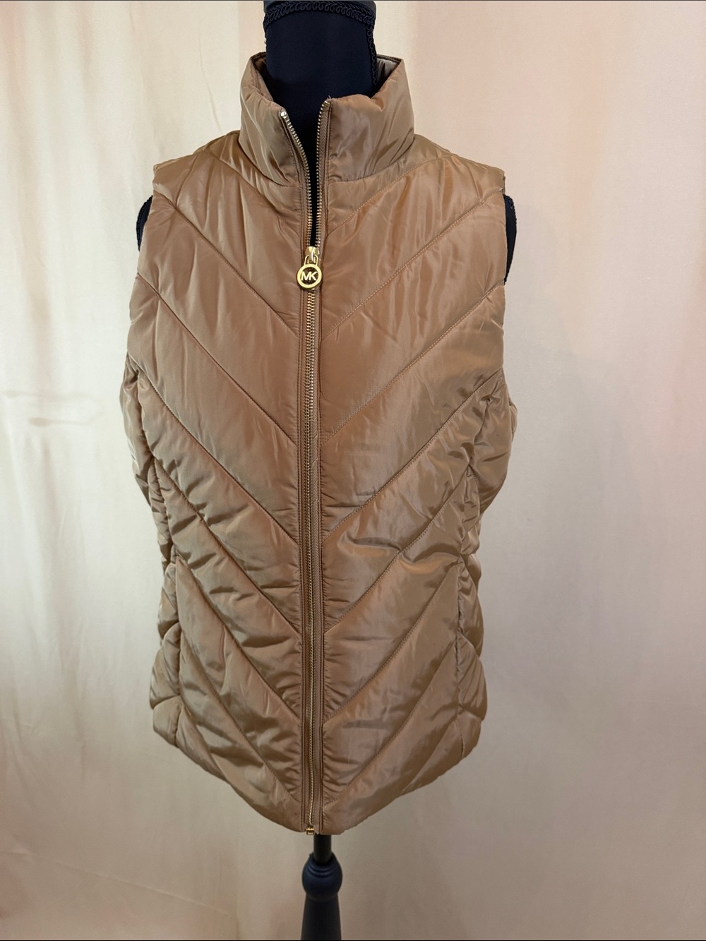 Michael Kors Quilted Tan Puffer Vest with MK Zipper Pull
